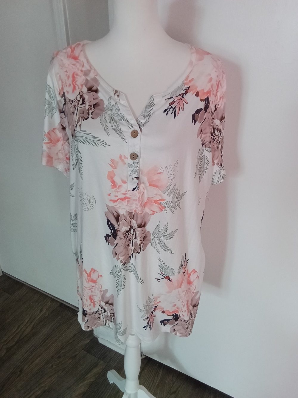 Women's Floral Henley Tunic Top - White with Pink and Taupe Floral